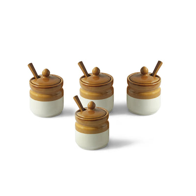 ExclusiveLane 'Barni Tales' Multi-Purpose Ceramic Pickle & Chutney Jar Set With Spoons (Set Of 4, Non-Airtight, 270 ML, Hand-Glazed)