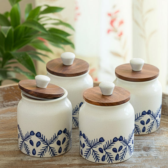  'Royal Mughal' Multi-Utility Storage Jars & Containers In Ceramic With Wooden Lid (Set of 4, Airtight, 380 ML, Hand-Painted, 13.4 Cm)
