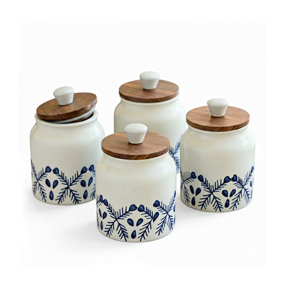  'Royal Mughal' Multi-Utility Storage Jars & Containers In Ceramic With Wooden Lid (Set of 4, Airtight, 380 ML, Hand-Painted, 13.4 Cm)