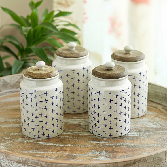  'StarMark' Multi-Utility Storage Jars & Containers In Ceramic With Wooden Lid (Set of 4, Airtight, 670 ML, Hand-Painted, 18 Cm)