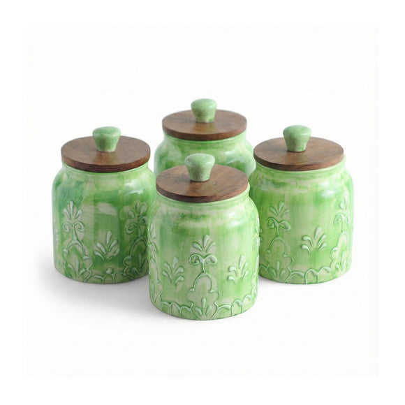  'Green Keepers' Multi-Utility Storage Jars & Containers In Ceramic With Wooden Lid (Set of 4, Airtight, 390 ML, Hand-Embossed, 13.5 Cm)