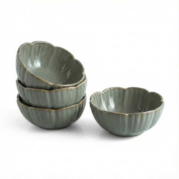  'Green Flower Bowls' Ceramic Serving/Snack Bowls (Set Of 4, 830 ML, Hand-Embossed)