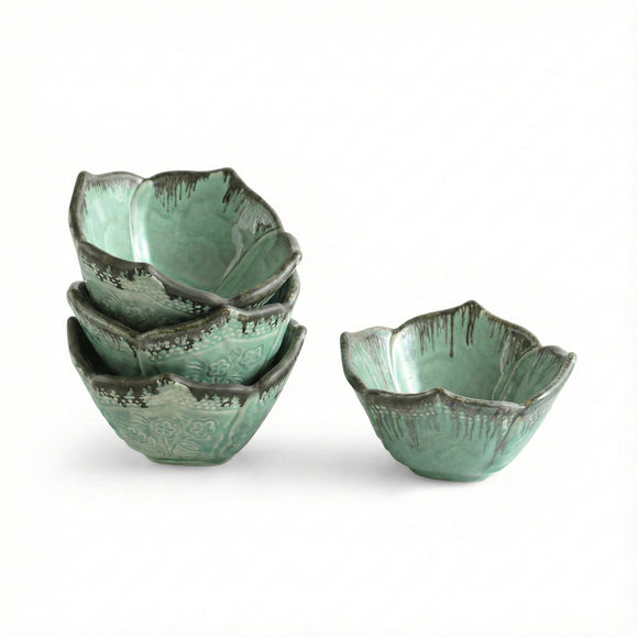  'Hibiscus Bowls' Ceramic Serving/Snack Bowls (Set Of 4, 360 ML, Hand-Embossed)