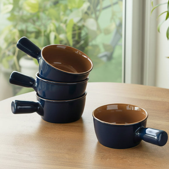  'Mariana Blues' Ceramic Serving/Snack Bowls (Set of 4, 420 ML, Microwave Safe, Hand Glazed)