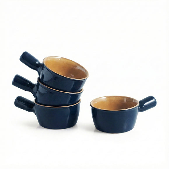  'Mariana Blues' Ceramic Serving/Snack Bowls (Set of 4, 420 ML, Microwave Safe, Hand Glazed)
