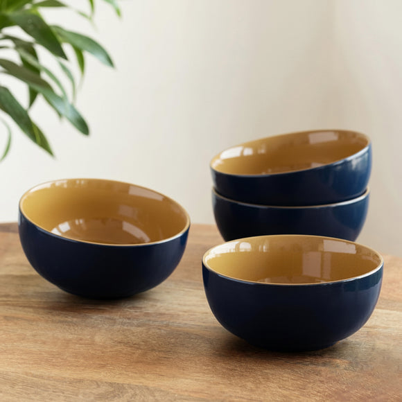  'Mariana Blues' Ceramic Serving/Snack Bowls (Set Of 4, 550 ML, Microwave Safe, Hand Glazed)