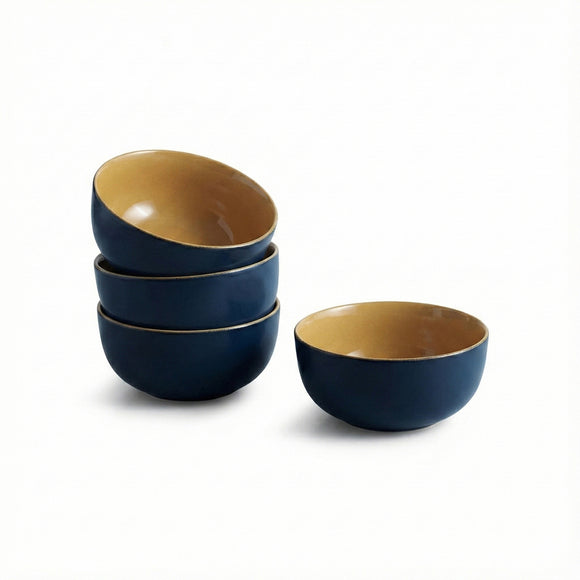  'Mariana Blues' Ceramic Serving/Snack Bowls (Set Of 4, 550 ML, Microwave Safe, Hand Glazed)