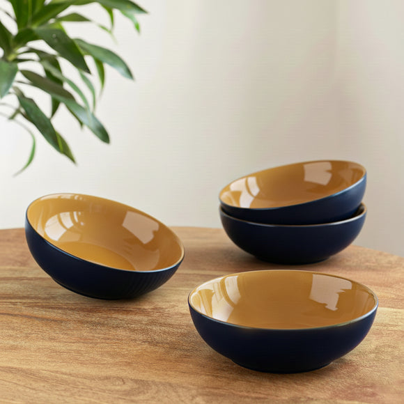  'Mariana Blues' Ceramic Serving/Snack Bowls (Set Of 4, 570 ML, Microwave Safe, Hand Glazed)