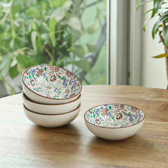  'Spring Garden' Ceramic Serving/Snack Bowls (Set of 4, 420 ML, Microwave Safe, Handcrafted)