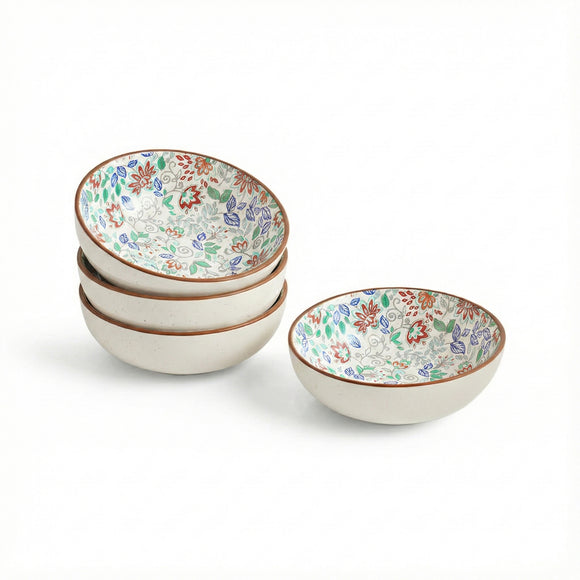  'Spring Garden' Ceramic Serving/Snack Bowls (Set of 4, 420 ML, Microwave Safe, Handcrafted)