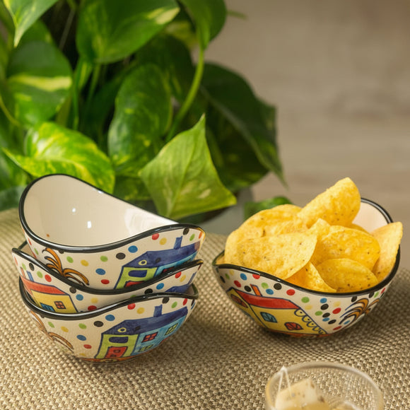  'The Hut Curved Serving' Hand-Painted Ceramic Bowls (Set Of 4)