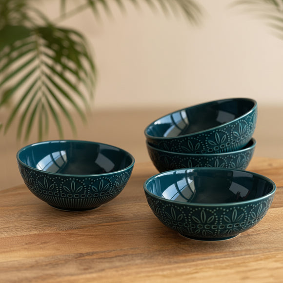  'Teal Forest' Hand Glazed Ceramic Serving Bowls (Set of 4, 600 ml, Hand-Etched, Microwave Safe)