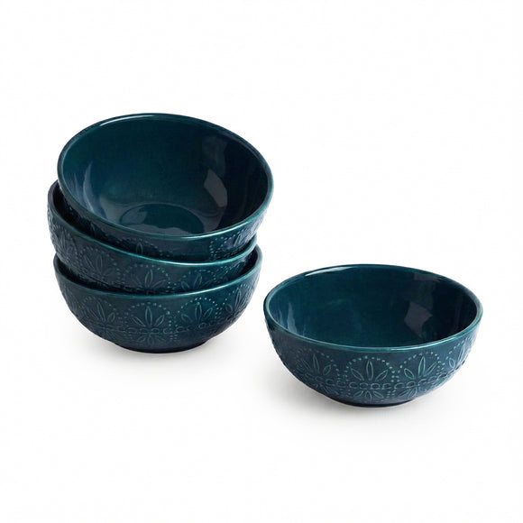  'Teal Forest' Hand Glazed Ceramic Serving Bowls (Set of 4, 600 ml, Hand-Etched, Microwave Safe)