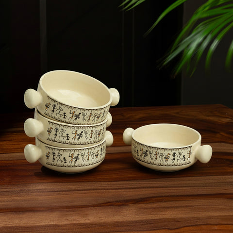  'Whispers of Warli' Handcrafted Ceramic Serving Bowls (Set of 4, 400 ML, Microwave Safe)