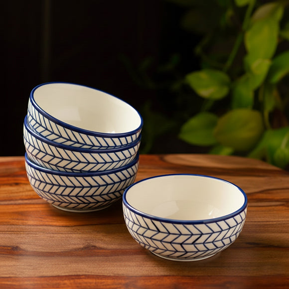  'Indigo Chevron' Hand-painted Ceramic Serving Bowls (Set of 4, 380 ML, Microwave Safe)