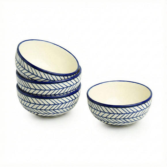  'Indigo Chevron' Hand-painted Ceramic Serving Bowls (Set of 4, 380 ML, Microwave Safe)