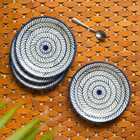  'Indigo Chevron' Hand-painted Ceramic Side/Quarter Plates (Set of 4, Microwave Safe)