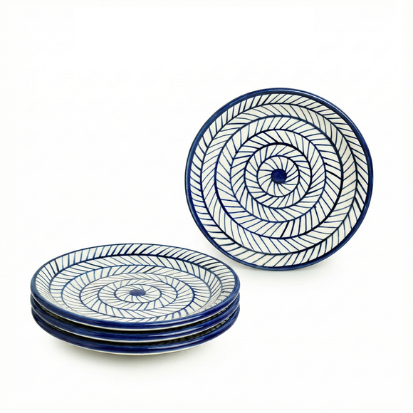  'Indigo Chevron' Hand-painted Ceramic Side/Quarter Plates (Set of 4, Microwave Safe)