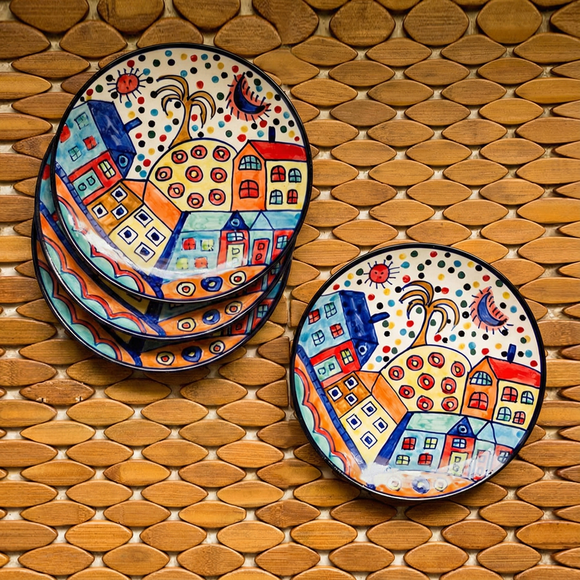  'The Hut Couple' Hand-Painted Ceramic Quarter Plates (17.8 cm, Set Of 4)