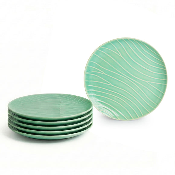  'Caribbean Green' Hand Glazed Ceramic Dinner Plates (Set of 6, Microwave Safe, Hand-Etched)
