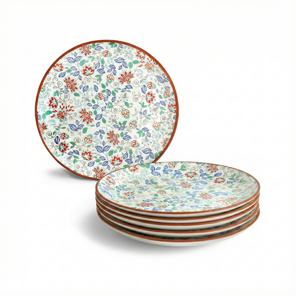  'Spring Garden' Ceramic Dinner Plates (Set of 6, Microwave Safe, Handcrafted)