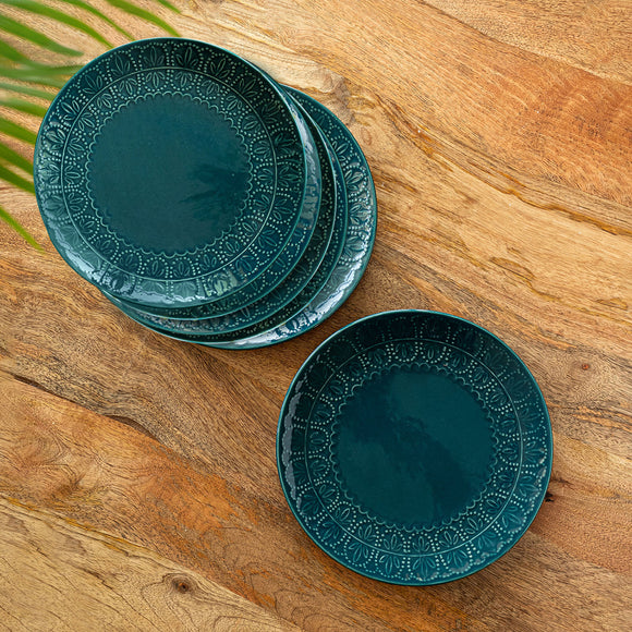  'Teal Forest' Hand Glazed Ceramic Dinner Plates (Set of 6, Hand-Etched, Microwave Safe)