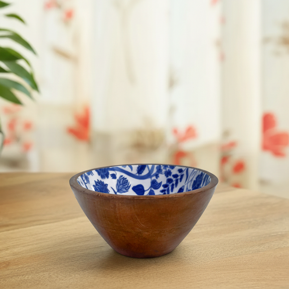  'Indigo Baagh' Wooden Serving Bowl (720 ml, Hand-Enameled)