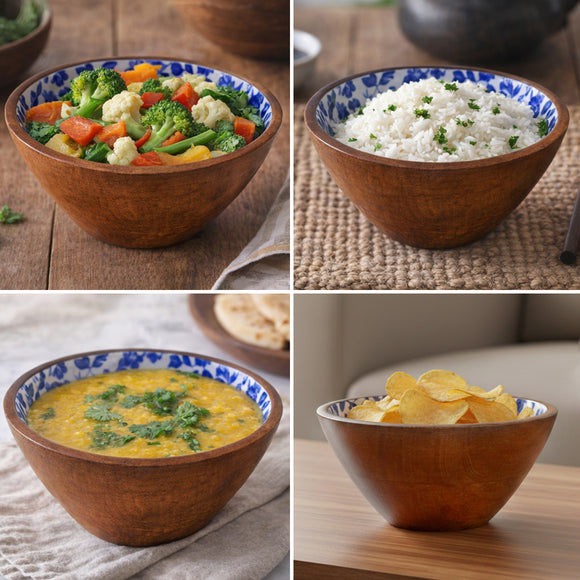  'Indigo Baagh' Wooden Serving Bowl (720 ml, Hand-Enameled)