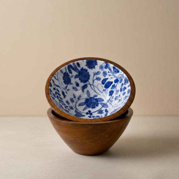  'Indigo Baagh' Wooden Serving Bowls (Set of 2, 720 ml Each, Hand-Enameled)