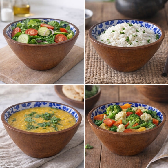  'Indigo Baagh' Wooden Serving Bowls (Set of 2, 720 ml Each, Hand-Enameled)