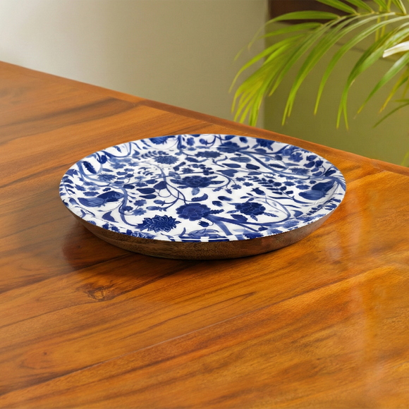  'Indigo Baagh' Wooden Serving Platter (30.2 cm, Hand-Enameled)