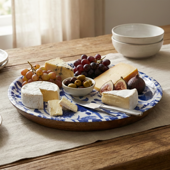  'Indigo Baagh' Wooden Serving Platter (30.2 cm, Hand-Enameled)