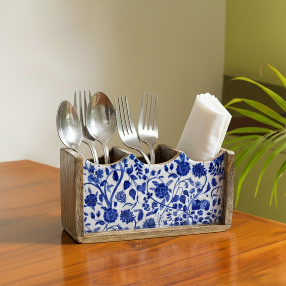  'Indigo Baagh' Wooden Cutlery & Stationery Holder (3 Partitions, 25 cm, Hand-Enameled)