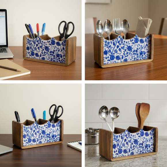  'Indigo Baagh' Wooden Cutlery & Stationery Holder (3 Partitions, 25 cm, Hand-Enameled)