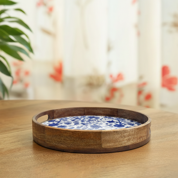  'Indigo Baagh' Round Wooden Serving Tray (34.1 cm, Hand-Enameled)