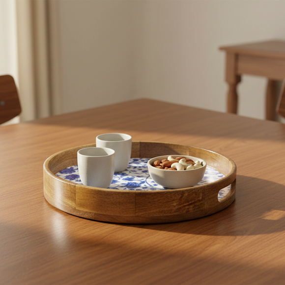  'Indigo Baagh' Round Wooden Serving Tray (34.1 cm, Hand-Enameled)