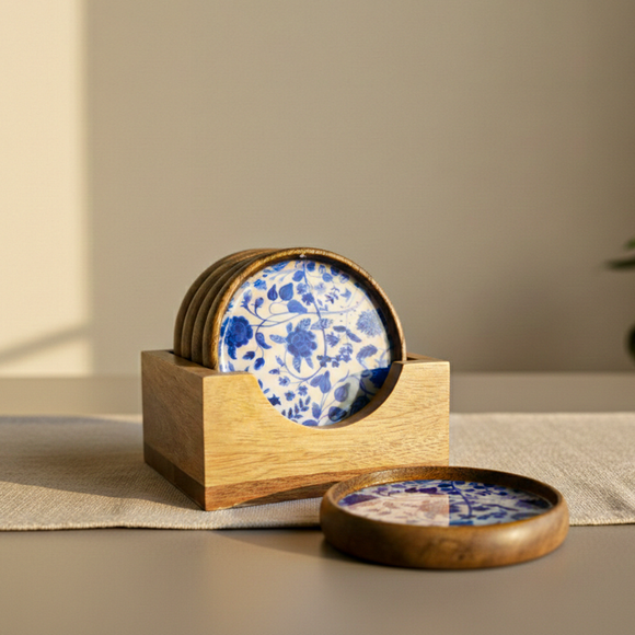  'Indigo Baagh' Wooden Coaster Set with Holder (Set of 5, Hand-Enameled)