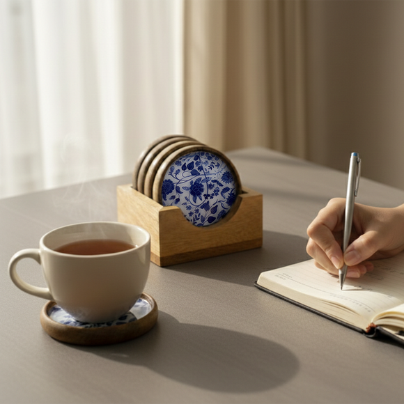  'Indigo Baagh' Wooden Coaster Set with Holder (Set of 5, Hand-Enameled)