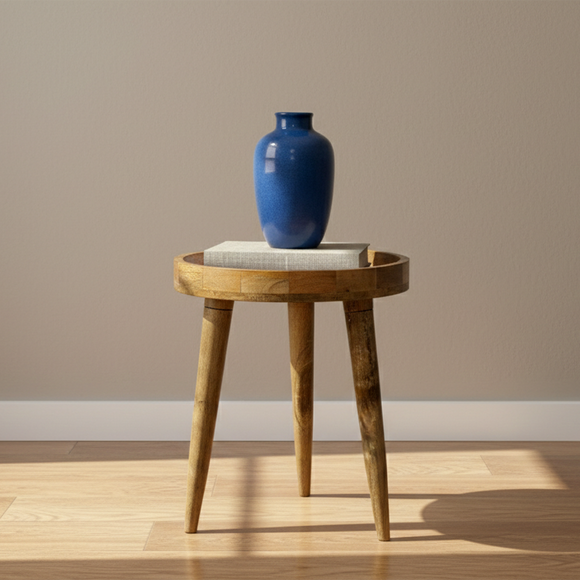  'Indigo Baagh' Wooden Side Table (40 cm, Hand-Enameled)