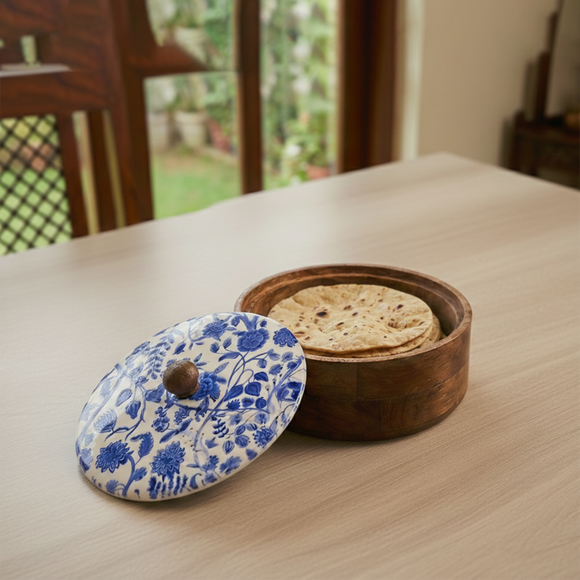  'Indigo Baagh' Wooden Chapati Box with Lid Contains 30 Chapatis (21.8 cm, Hand-Enameled)