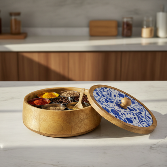  'Indigo Baagh' Wooden Spice Box with Spoon (7 Containers, 130 ml Each, Hand-Enamaled)