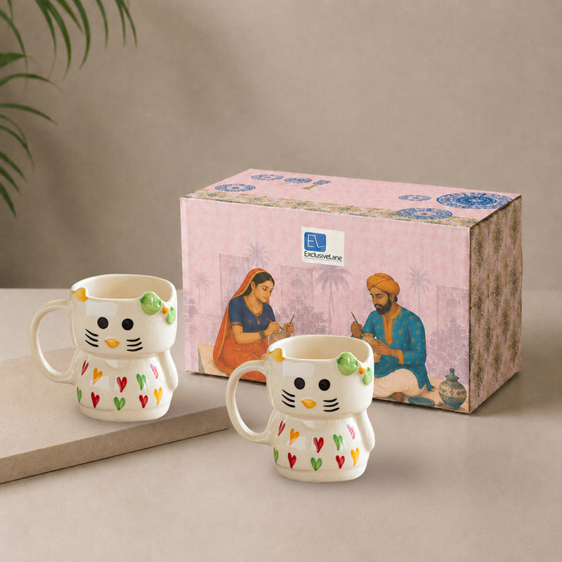 Kitty Charm' Ceramic Coffee Mug (Set of 2, Hand-Painted, 310 ml