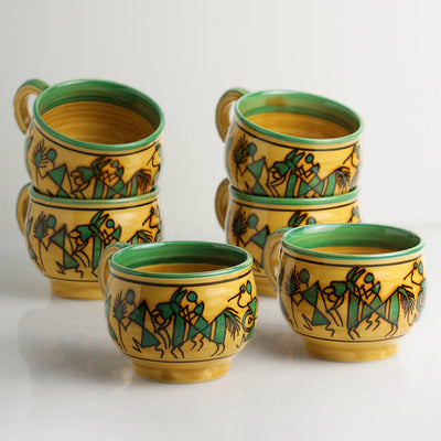 'Celebration In Sand' Warli Hand-Painted Tea & Coffee Cups In Ceramic (Set Of 6)