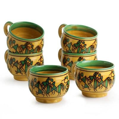 'Celebration In Sand' Warli Hand-Painted Tea & Coffee Cups In Ceramic (Set Of 6)