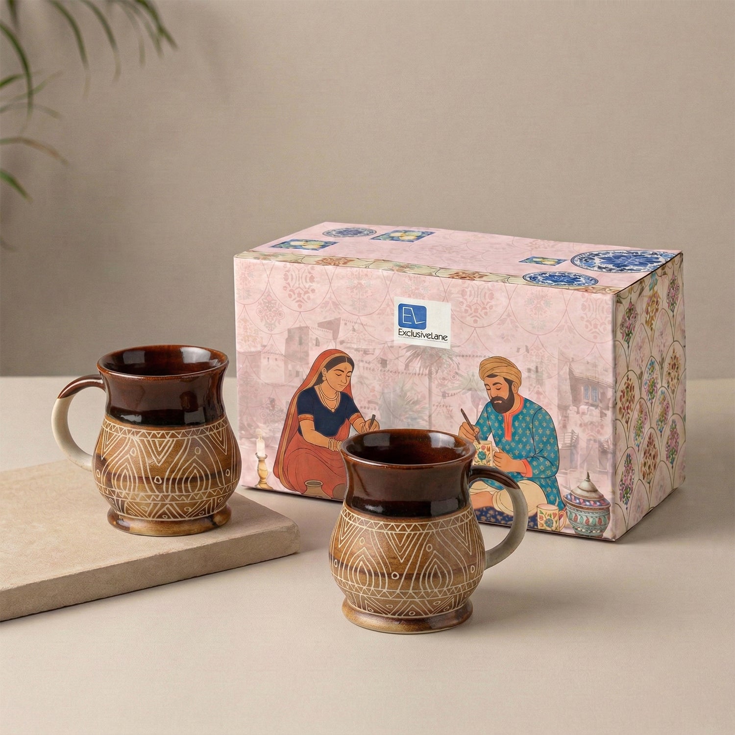 'Cocoa & Fire Carvings' Studio Pottery Tea & Coffee Mugs In Ceramic (Set Of 2)