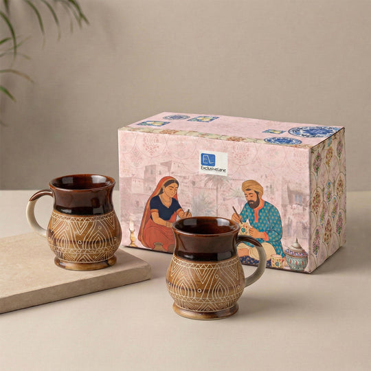 'Cocoa & Fire Carvings' Studio Pottery Tea & Coffee Mugs In Ceramic (Set Of 2)
