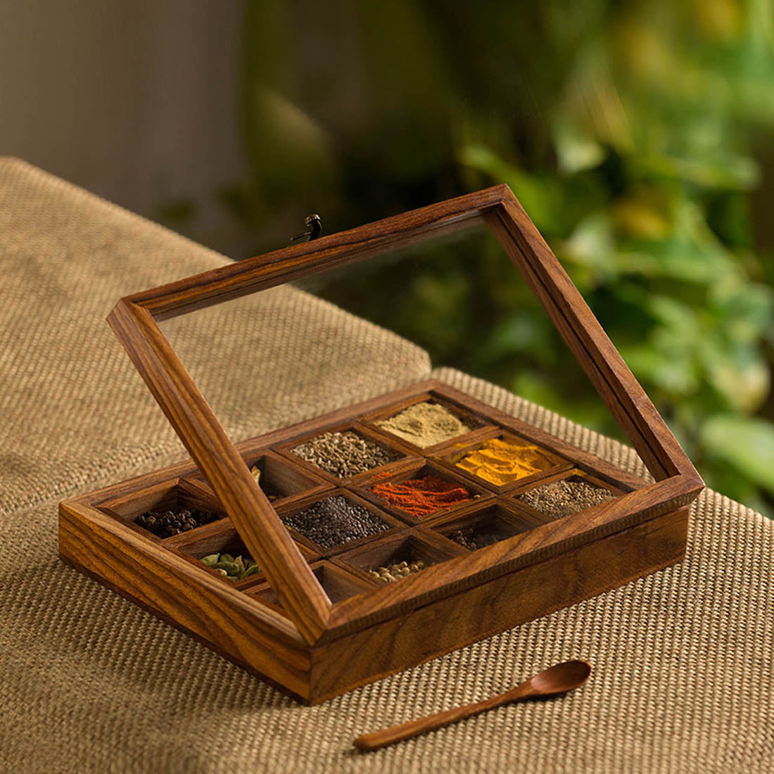 'Twelve Blends' Spice Box With 12 Containers & Spoon In Sheesham Wood