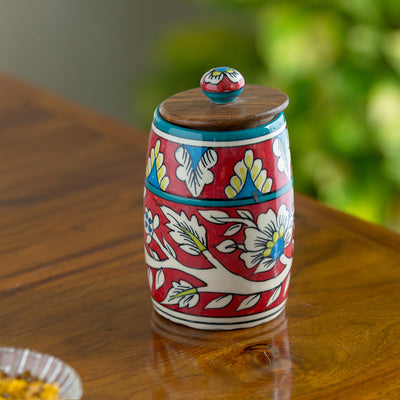 Mughal Drum' Floral Hand-painted Multi Utility Storage Jar & Container In Ceramic (Airtight | 570 ML | 6.1 Inch)