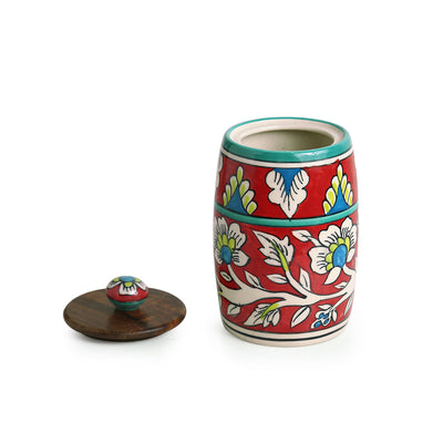 Mughal Drum' Floral Hand-painted Multi Utility Storage Jar & Container In Ceramic (Airtight | 570 ML | 6.1 Inch)