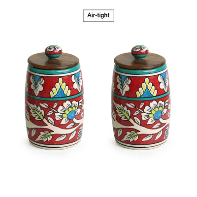 Mughal Drum Duo' Floral Hand-painted Multi Utility Storage Jars & Containers In Ceramic (Airtight | Set of 2 | 570 ML | 6.1 Inch)